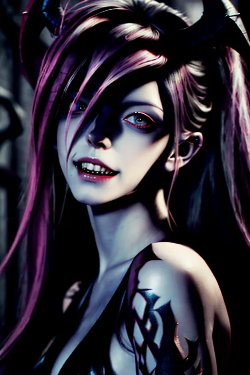 (Avril Lavigne), naked, ultra detailed face, 64k, vampire, razer sharp teeth, vampire teeth, blood on teeth, squinting menacing eyes, evil expression, dark alley, body modification, ultra detailed body image, 4k, ultra realistic, photo realistic,upper body portrait,
