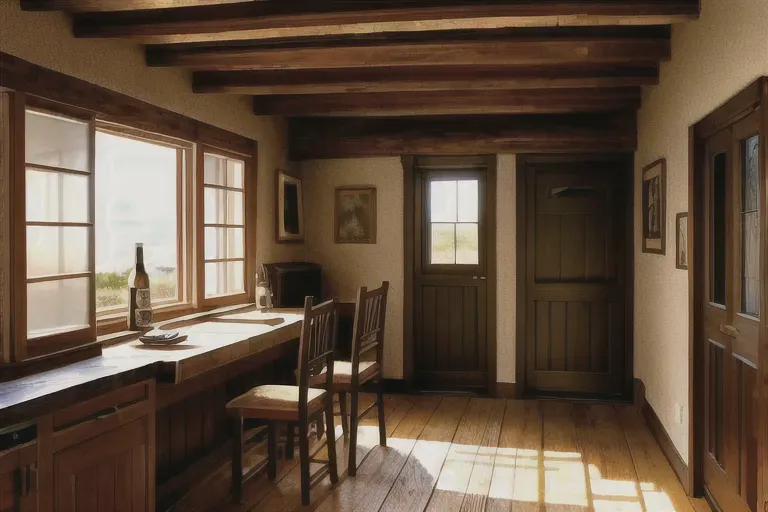 High Fantasy, early medieval interior of home, old interior, dusty, big table, chairs around table, spoon knife and beer on the table, cluttered, medieval ladder going upstairs, sunny, a bit cloudy, path to front door , high res, wooden door, background,