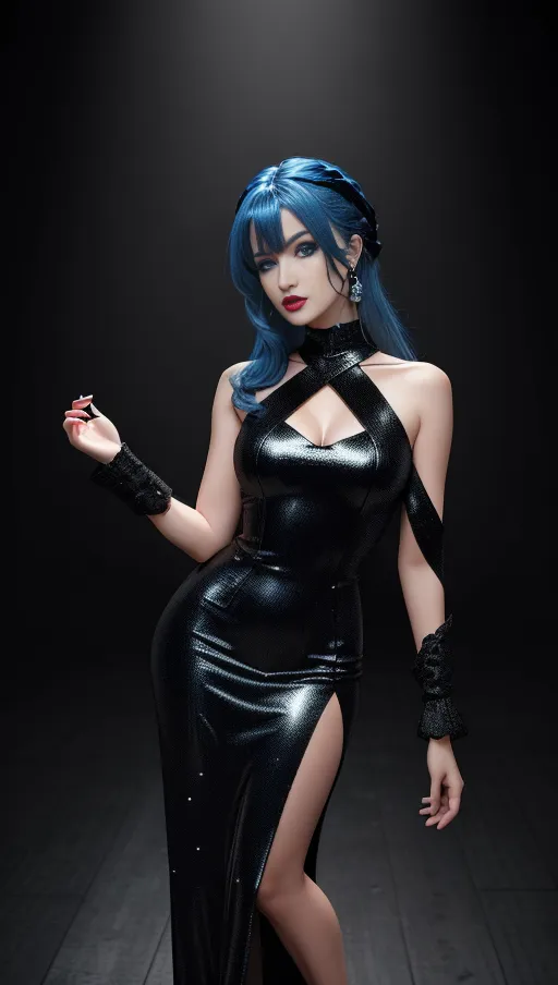A photograph of, woman, full body, standing, ultrarealistic, detailed eyes, detailed lips, blue hair, high resolution, wearing black dress, (<lora:dpmg_shirt_pull:1>)