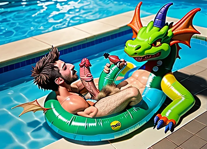 sentiant inflatable feral dragon, pool, two cocks cumming.