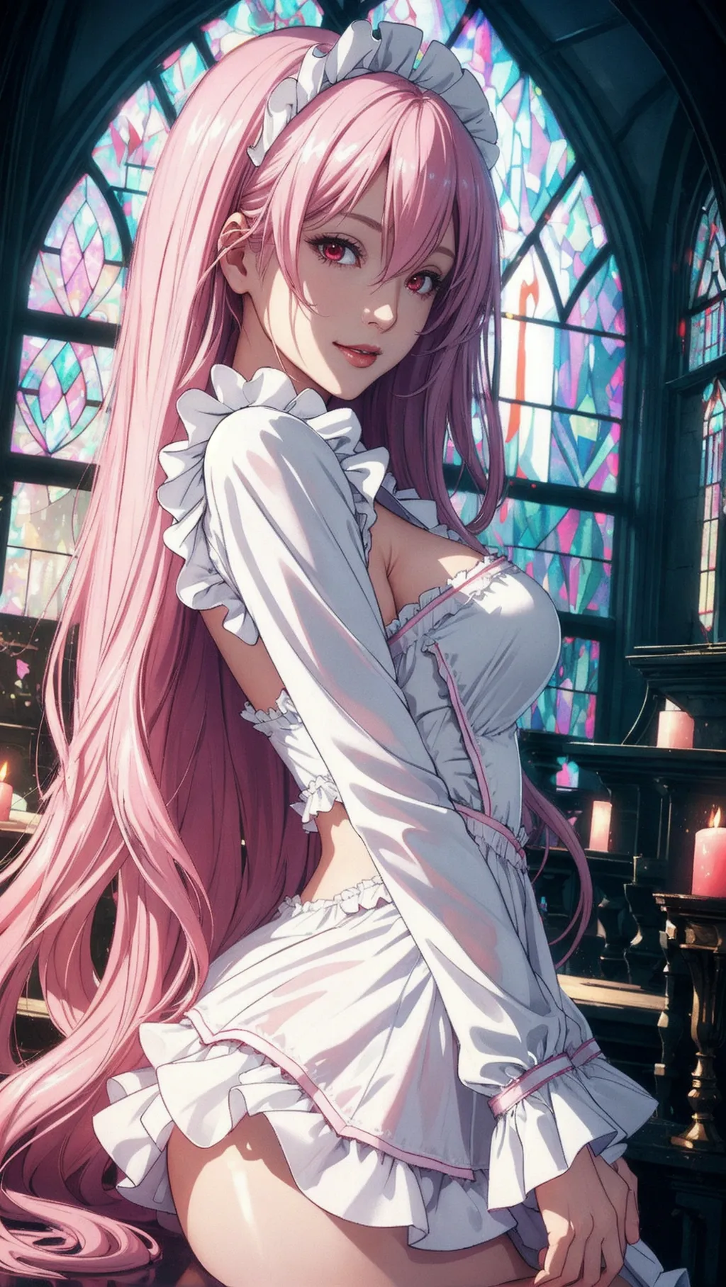 (Best quality, hyperrealistic semi-real), (erotic close-up shot of a sensual woman in half-turned pose and (white maid outfit with long sleeves)), (long pink hair with hair between eyes, white maid dress with frills:1.15),
(correct anatomy, slender and toned), (large red eyes looking at viewer:1.08), (cute japanese face with shy happy expression:1.08), beautiful thin lips (smiling gently and lovingly:1.12), apron,
erotic and seductive, (day time soft sunlight through large stained glass panels gothic castle), hyperrealistic skin (glistening with sweat), three slender high quality fingers, (yuzuriha inori from guilty crown),
soft focus, sharp and clear image, (flat shading stylised colorful art:1.07), <lora:dpmg_add_detail:0.25>, (physically based ray-tracing, photon mapping:1.12), (high resolution masterpiece),