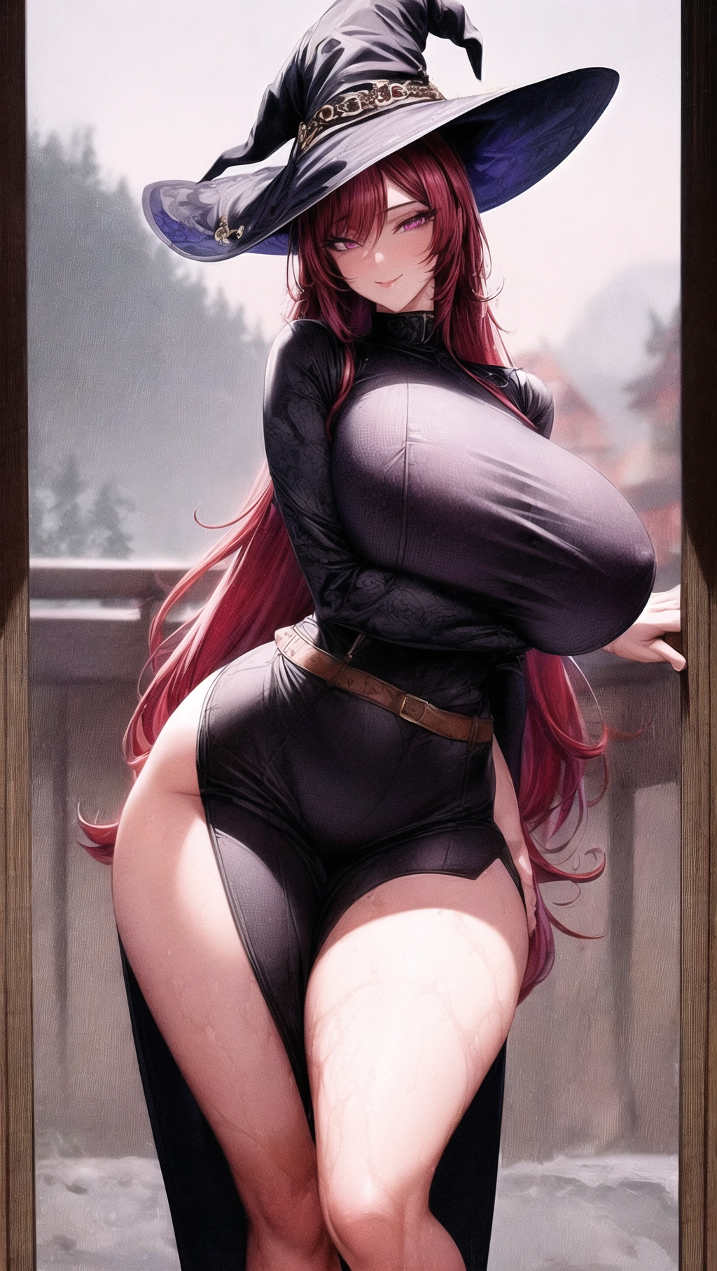 Beautiful, masterpiece, ((((8K resolution)))), hyper resolution, ((log cabin backdrop)), vibrant colors, (1girl), solo, female focused, face focus, extreme face details, full body shot,
A beautiful (witch) wearing a long skintight dress with a huge butt, massive butt, round ass, big boobs, belt, button up shirt, heavy breasts, hanging breasts, athletic body, seductive face, seducing viewer, thick thighs, (((absolutely massive breasts))), skinny waist, long eyelashes, wide hips, red hair, bright pink eyes, ((((hyper detailed eyes)))), perfect hair, <lora:dpmg_add_detail:1.4>