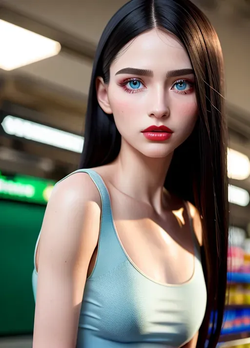 a highly detailed photo of, black hair, blue eyes, long hair, pale skin, ultra real skin texture, realistic skin, realistic hair, realistic eyes, realistic, (((ultra realistic))), 18 years old, ultra quality, ultra realistic skin,((perfect pretty face)), (accurate eyes), accurate mouth, ((accurate hair color)), ((detailed hair features)),((detailed facial features)),((detailed body features)), best quality, 8k resolution,beautiful face, perfect body, anorexic, big rounded eyes, perfect shadows, beautiful red lips, inocent face, highly detailed face, curved eyebrows, correct anatomy, 8k, insanely beautiful, ultrarealistic, five fingers per hand, ((detailed arms features)),(textured skin),((beautiful lips)),((highly detailed)),((8k resolution photo shot)), cinematic lighting, slim, skinny, small waist, barely legal, (photorealism:1.5),(photorealistic:1.4), RAW photo, High detail RAW color photo, a professional photo, hyperrealism, photography, cinestill 800, hyper-realistic lifelike texture, wearing a pleat micro skirt and a white see through sheer shirt inside a grocery store, shy, blushing, upskirt, back pose, camel toe