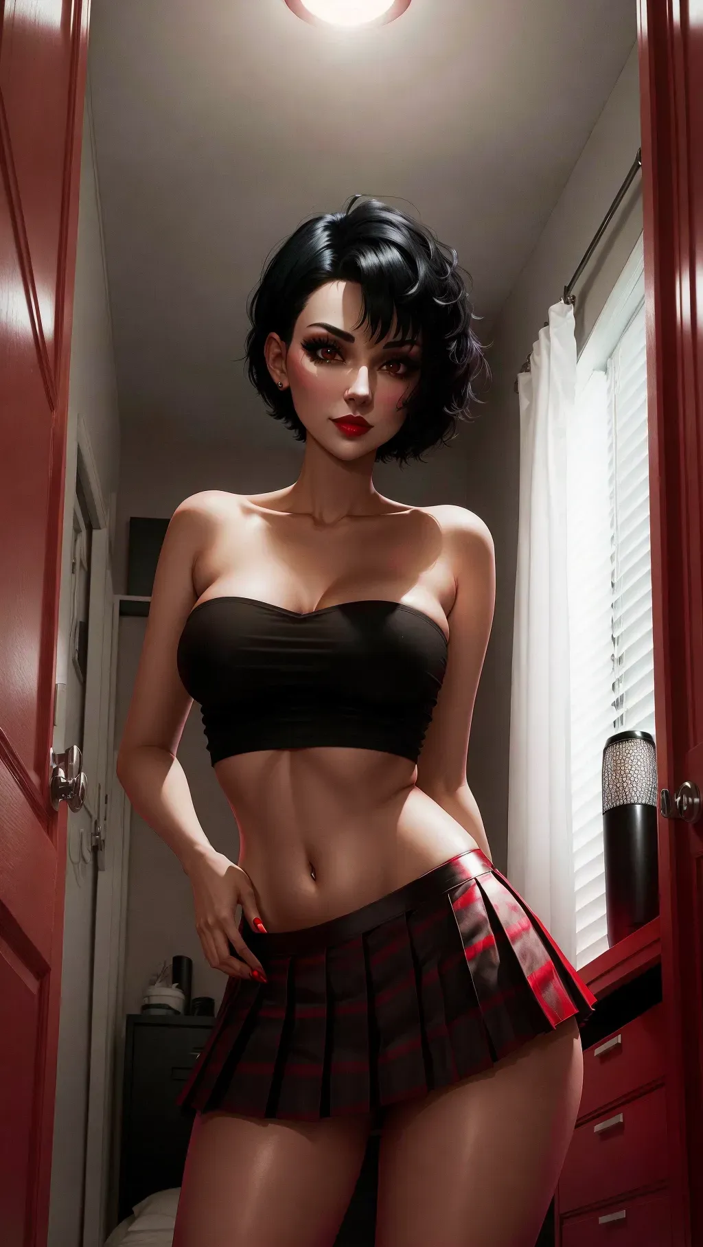 Cute girl with short black hair, standing in her bedroom, nighttime, dark room, wearing a red tube top and pleated skirt, skinny, fishnets, tigh gap,