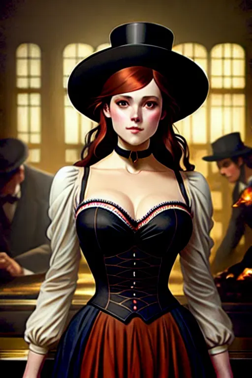 30year old woman, skinny fit body, cleavage, as an old western scarlet lady, wearing ruffled skirts and black boots, standing by the bar, smoky atmosphere, whisky, hyper detail painting, complex, hyper detailed face, perfect eyes nose and lips, 4k concept art portrait by Greg Rutkowski, Artgerm, WLOP, Alphonse Mucha, dynamic lighting, hyper detail, intricate art, Artstation process color trend, Unreal Engine 5 , volumetric lighting, pop, elegant, pure, deep color art, Greg Rutkowski art, fantasycore, airbrush, top hat, entertainer, circus director, unreal engine, greg rutkowski, loish, rhads, beeple, makoto shinkai and lois van baarle, ilya kuvshinov, rossdraws, tom bagshaw, alphonse mucha, global illumination, detailed environments