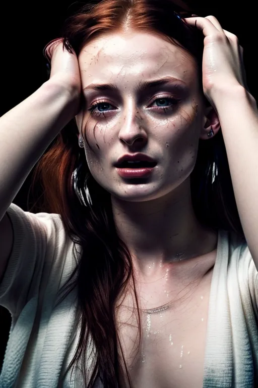 sophie turner, detailed face, ((crying and screaming)), forced, hair-pull, ((hand on head)), black mascara running down her face, dark moody lighting, covered in cum, tits covered in cum, ((cum spirting into eyes)), close up on eyes, pov, looking directly into camera