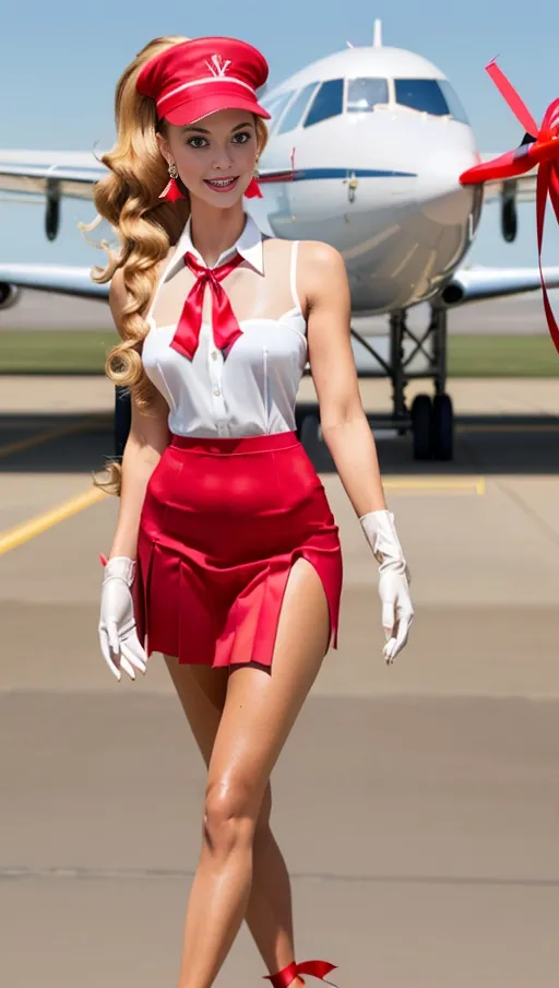 A very tall, gorgeous, young happy glamorous flight attendant, (walking) outside and airplane, sleeveless pleated red uniform and cute flight attendant hat, frilly, stilettos, long curly (blonde) hair in a ponytail, (((very long longest legs))), makeup, opulence, earrings, tanned, red neck ribbon, mascara, eyelashes, lipstick, blusher, eyeshadow, stunning, tanned oiled shiny skin, supermodel, medium breasts, white gloves