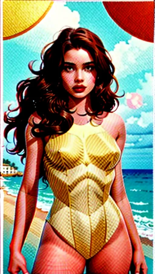 NSFW pos, 1girl, beautiful female, adult, 25, Curvy, Athletic, Standing, Head turned to the side, Wavy hair, Detailed Pupils, Dark Chestnut Hair, (Pubic Hair:0.8), Happy Trail, Naked, Beach, Style of Roy Lichtenstein, Pop Art, <lora:dc_marvel_v1:1>