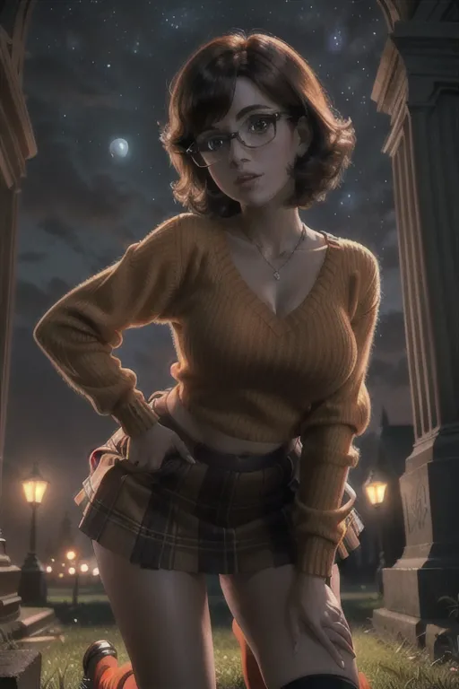 Photo of velma from scooby doo, young woman, wearing an orange sweater, wearing black rimmed glasses, wearing a plaid miniskirt, wearing knee high socks, looking at away from Camera, beautiful face, beautiful eyes, small pupils, short brown hair, big plump breasts, ((lifting up her shirt to expose breasts)), in dark cemetery, at night, full moon, volumetric lighting, focused, crawling on all-fours, upskirt, fingering pussy, erotic