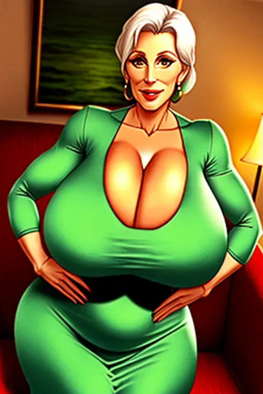 :older woman in her 50s
:big breasts lots of cleavage
:adjusting her boobs
:nice round ass
:green dress