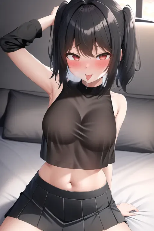 wide shot, 1girl, fit, on her knees, short skirt, crop top, black clothes, see through clothes, on the bed, view from the front, medium hair, sunrise, happy, 20 years old, blushing, riding a pillow, moaning face, dpmg_ahegao_v1, tongue out, mouth wide open