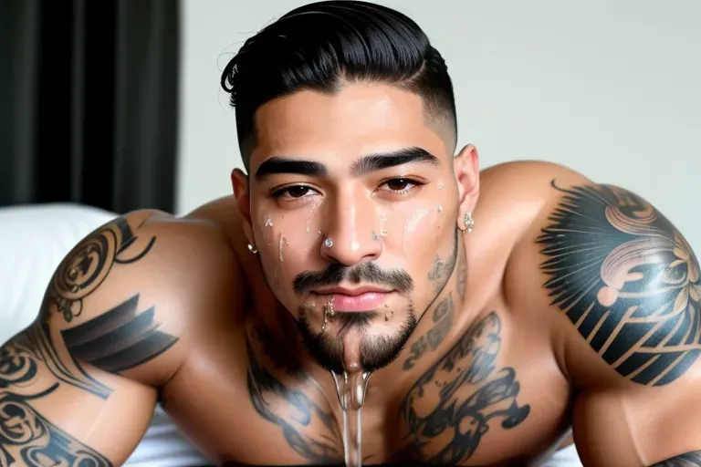 masterpiece realistic, top-quality image, high-resolution photograph (8k) of Maluma fully nude on his knees sucking dick (blowjob)(thick veiny penis in his mouth), his face in perfect light covered in cum (very highly detailed face, high-resolution accurate eyes, very realistic handsome Colombian face (light stubble) accurate highly detailed textured skin (pores), accurate tattoos), cum dripping from his chin and mouth, artistic aesthetic