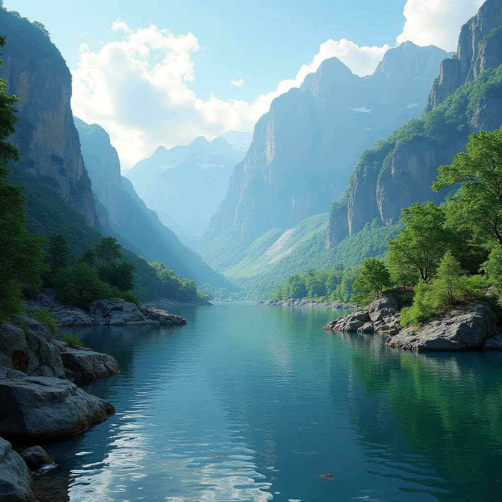 A beautiful landscape with a river and mountains
