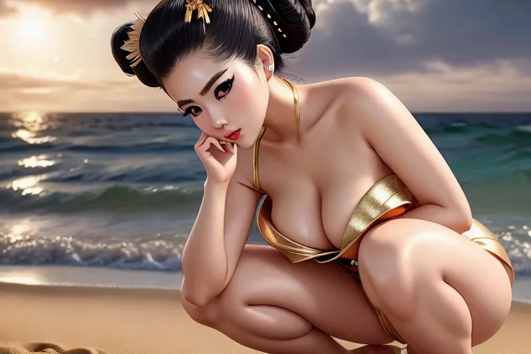 a digital art of,eimi fukada,wearing kimono,squatting,on the beach,amazing breasts,five slender fingers,updo hair,charming face,beautiful lips,detailed large eyes,curved eyebrows,textured skin,peaceful,wearing golden ring,studio lighting,artstation,8k,cgsociety,pixiv