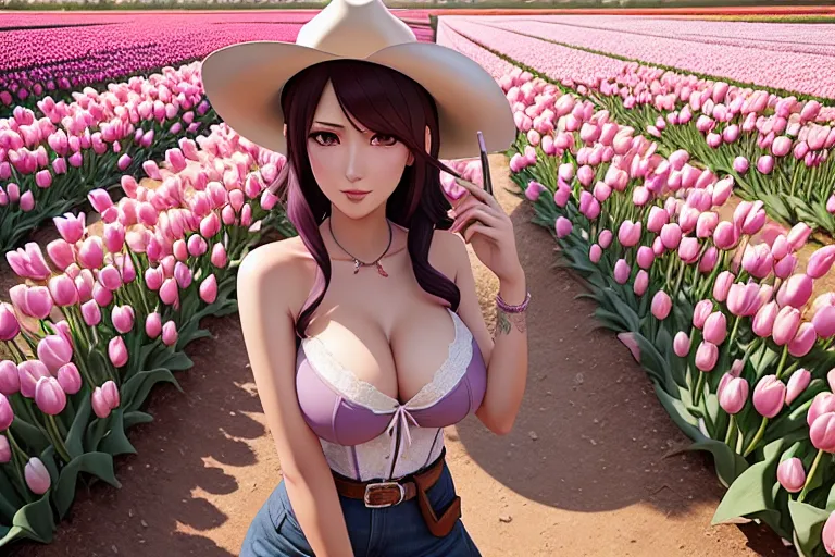 a illustration of,senjougahara hitagi,wearing cowboy clothes,walking,in a tulip garden,big breasts,five slender fingers,fishtail hair,beautiful face,beautiful lips,brown eyes,curved eyebrows,curved eyelid,pale skin,romantic,tattoo,surreal,bokeh,unreal engine,highly detailed,sharp focus