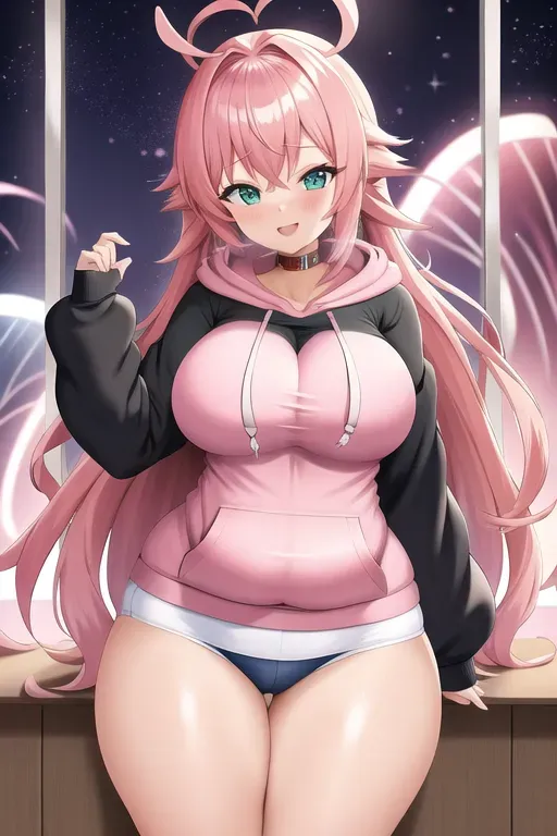 wide shot, 20 year old, an anime girl, thicc, hoodie, pink, photo studio, night, indoor lights, happy, 8k, professional