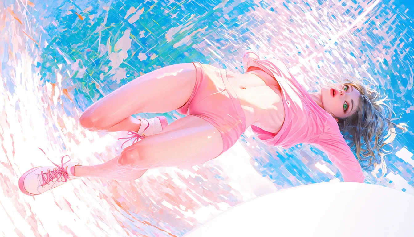 @xy11x, surreal, glitchy, unrealistic mood, eery feeling, score_8, score_9, high contrast, dutch angle,
masterpiece, best quality, high quality,
watercolor \(medium\), high contrast, expert shading, precise brushstrokes,
1girl, solo, dark-blonde hair, green eyes, nose, eyebrows, long lashes, shade, cheeks, lips, realistic facial features, pink cropped shirt, small low-waist silk sport shorts, entirealy wet and clinging to body, white sneakers with pink laces, laces loose and undone, soaked with water,
sexy pose, short thin frame, slender body,
shirt pull, navel, hands in front of her, hands visible, jumps high above the ground, legs in the air, arms in a piroutte, floating light pose, antigravity,
contrasting surreal background, ethereal,
text on shirt in French spelling exactly:
"Ceci n'est pas une loli",
weird ever chaniging background, glitch, outer world, lighstreaks and natural elements,
super detailed, realistic, skin texture, pores, realistic strands of hair, anatomy, body relief,flat stomach, pubic zone, ribs, hipbones, thin waist, thigh gap, knees, ankles,
tiny wrinkles, creases on skin,