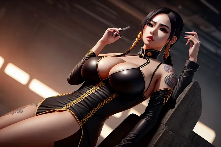 a photo shot of,tiger girl,wearing ao dai,lying,in a dystopian future,big breasts,five slender fingers,braids hair,charming face,beautiful lips,black eyes,curved eyebrows,textured skin,satisfaction,tattoo,professional,surreal,pixiv,cgsociety,artstation