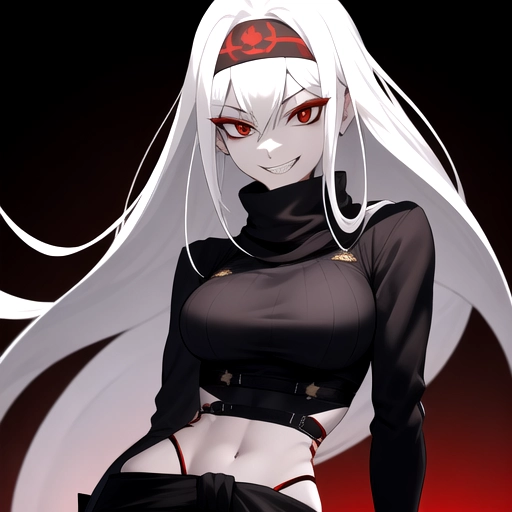 distant shot of a highly detailed slim woman with a sadistic smile, evil face, with dark white hair looking back with bandana, red eyes, black sweater, military pants, and tiny waist, in a bar background