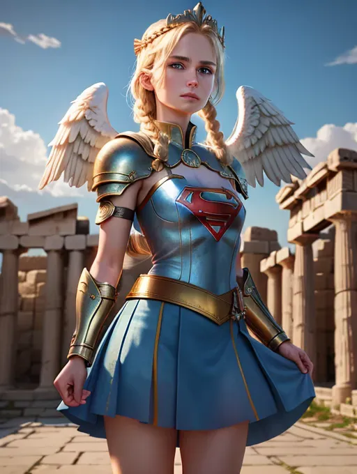 High resolution best-quality image,
My pov,
At Ancient Greek Temple in perfect condition,
stormy sky,
(Greek goddess Athena with perfect beautiful face and perfect pair of (two angel wings)),
ready for battle,
(Looking directly at camera),
((Her right hand holding sword by the handle ready to strike)),
(Left hand and forearm Wearing round shield),
(wearing Ancient Greek (Corinthian battle helmet)),
(Wearing (aegis) breast plate),
Wearing tunic,
wearing Xena-style battle dress,
Wearing ancient Greek (Iphicrates) battle boots,
Modestly dressed,
(realistic detailed blonde hair in crown-braid style)
Looks like young Helen Slater,
((perfect gorgeous facial features)),
(Beautiful realistic detailed blue eyes), (realistic detailed blonde eyebrows),
Gorgeous slender strong body,
(((Small) realistic detailed breasts)),
((5-good-hands, five perfect
slender fingers on each hand)),
only two arms per girl,
Body oriented towards camera, (Looking directly at camera),
Looking sexy fierce beautiful smiling seductive,
16K, hyperrealistic, ultra-realistic, photorealistic, 3-D, fine details, 5-hands, sharp focus, pixiv, HDR, absurd resolution, cgsociety, heavily
detailed, rich saturated colours,
(Supergirl colours),
High-fantasy aesthetic,