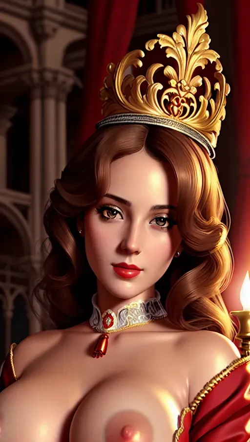high quality, ultra realistic, masterpiece, detailed, detailed face and eyes, realistic, 1girl, 1man, blowjob, (bionic eye:0.8), (rococo architecture:1.3), military uniform with breasts and nipples exposed, digital painting, glowing grim red