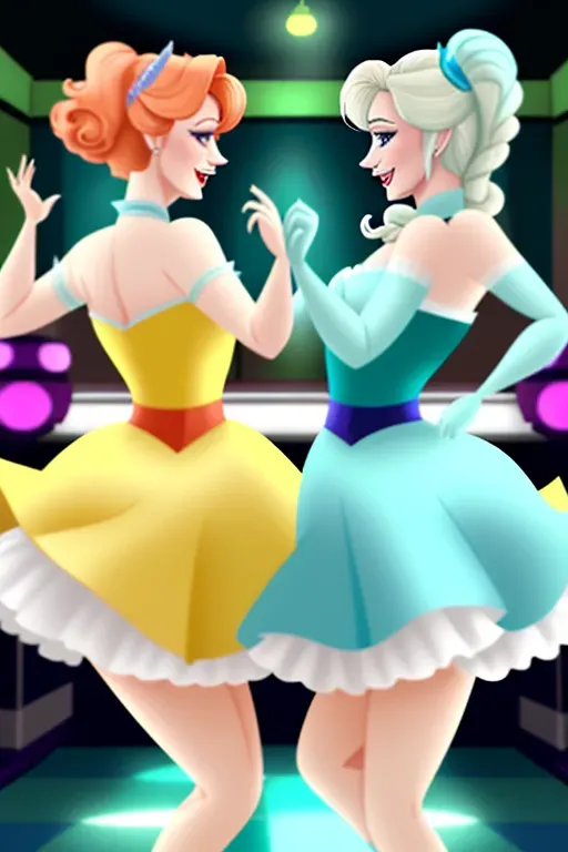 Anna and Elsa of Arendelle dancing at a 1950 style sock hop. high ponytails. Malt shop. Jukebox. poodle skirts.
Elsa in blue. Elsa platinum blond hair.
Anna in soft green. Anna with auburn hair.