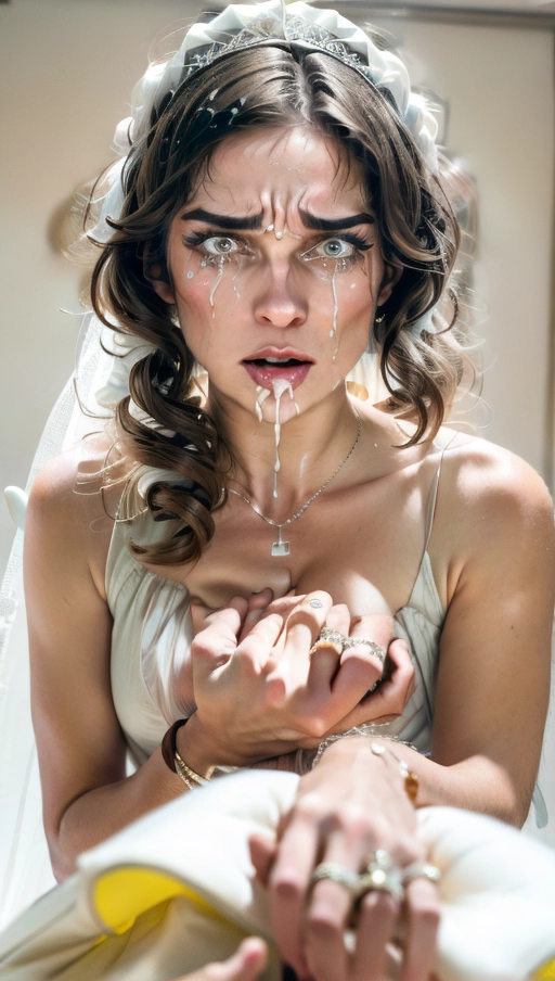 <lora:KpxWkLqox25_AnnieMurphy:1>, (Hypnotized), (photo realistic:1.37), (modern artwork), 1female, (perky tits, fit, athletic), glistening skin, pale skin, ((extremely messy hair)), ((shocked confused angry expression on face, eyes open)), (dark lighting), (((wearing a torn up white wedding dress))), < dpmg_covering_breasts_arms_crossed_v1 , spread eagle, tits out, arched back, ((looking right at the camera)), getting her hair pulled, (((showing her face to viewer))), ( crying tears, sobbing), ((half way undressed, exposing breasts)), on her knees, <lora:headpat:1>, (worst day of her life), mouth open, <lora:proposal_pov:1>,
((Face covered in cum)), ((dress ripped and torn)), messy hair, ((cum dripping out of her mouth)), (labeled a cum slut),
(best quality), <lora:dpmg_add_detail:0.5>, beautiful,(high resolution), (((masterpiece))), (uhd), (8k), (sharp focus)
