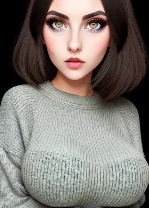 Cute Italian girl, simple grunge makeup, pale colored eyes, big wide doe eyes, black hair, big lips, high riding huge boobs, gigantic tits, tight sweater, photorealistic, best quality, ultra high resolution