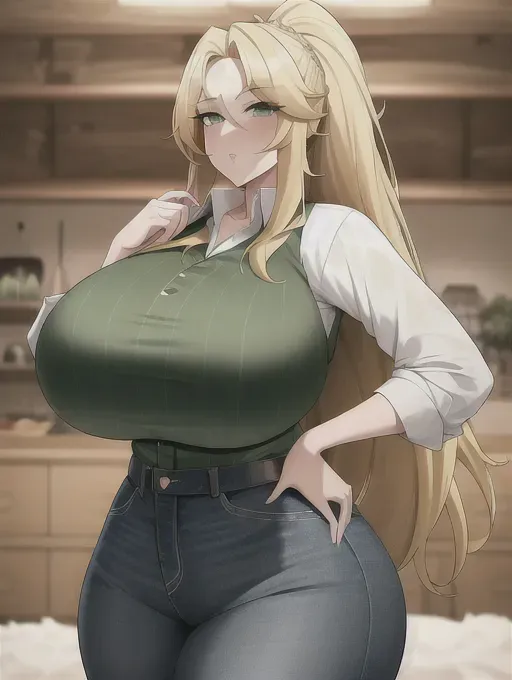 Gorgeous babe, blonde-haired beauty, huge gigantic boobs, (gigantic boobs), blonde hair, ponytail, pale skin, green eyes, big bimbo lips, sexy, slim waist, perfect thin curvy figure, farm girl outfit, flannel shirt, jeans, photorealistic, best quality, ultra high resolution