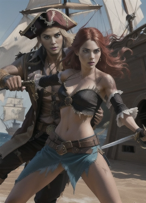 Gorgeous pirate woman fighting two big black pirates, sword fight, torn clothes, 1 female, two males, wound marks, sexy, intense, pirate ship, fight scenes in the background