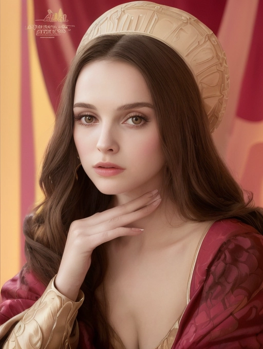 young queen amidala of the planet naboo as portrayed by natalie portman in the phantom menace, seated at her morning vanity applying her heavy face paint, (amidala face makeup kandinsky klimpt), light silky dressing gown of some fancy alien material, as shown in the movie her face should have heavy face-paint that looks like a painting by vassily kandinsky you know with weird lines and shapes that make no sense abstract stuff, i have referenced the film the character the plot some reference artists so paint her face please okay