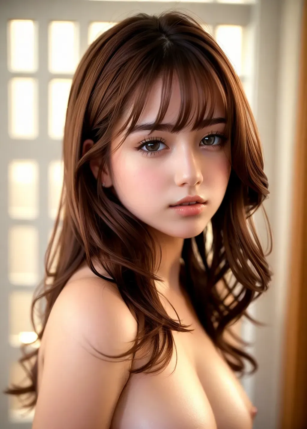best quality, masterpiece, (realistic:1. 2), 1 girl, brown hair, brown eyes, Front, detailed face, beautiful eyes, breasts, nipples, functionally nude, perfect breasts, soft lighting, matte