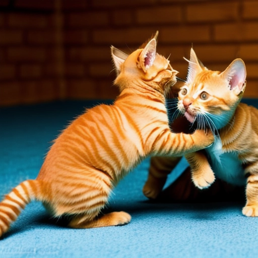 orange tabby kitten wrestling with his sister tortie