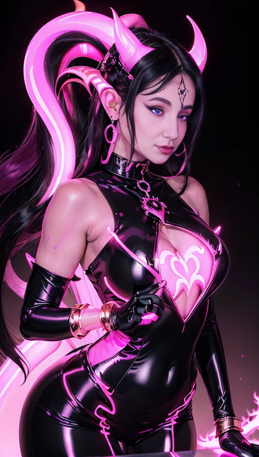 best quality, (((ultra high res))), (((detailed face and eyes))), (perfect face), (big shining heart choker), earrings, jewelry, (((big glowing succubus mark))), ((((big glowing succubus bodymark)))), (((conjuring))), (witch), ((long voluminous hair)), (((gloves))), ((black hair)), (((golden bracelet))), (((huge hair cuff))), (((pink skintight neckholder dress))), (((pink glowing dress))), ((face closeup)), (lipstick), (((neckholder))), ((((demon tail)))), ((black long sleeves)), ((purple glowing heart)), (((big cameltoe))), (((demon mark))), heart on womb, (((((bright pink glowing skin tone))))), (((straight black hair))), ((pink glowing clothes)), ((huge boobs)), ((luminescent))
