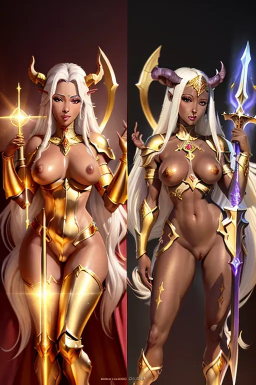 (High Resolution), (High Detail), (Nude), (Sexy Beautiful), (Haitian Body Draenei), (Female), (Paladin), (Blackish Gold Skin), (Golden Eyes), (Long White Hair), (Casting Holy Light), (Golden Nipples), (Golden Pussy), (Divine), (Large Gold Sword), (Gold Shield)