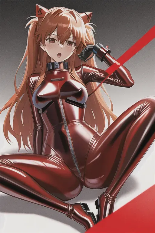 Illustration, asuka langley, full body, steel collar, spread eagle, steel cuffs, latex, latex catsuit, plugsuit, horny, orgasm denial, bondage, anal plug