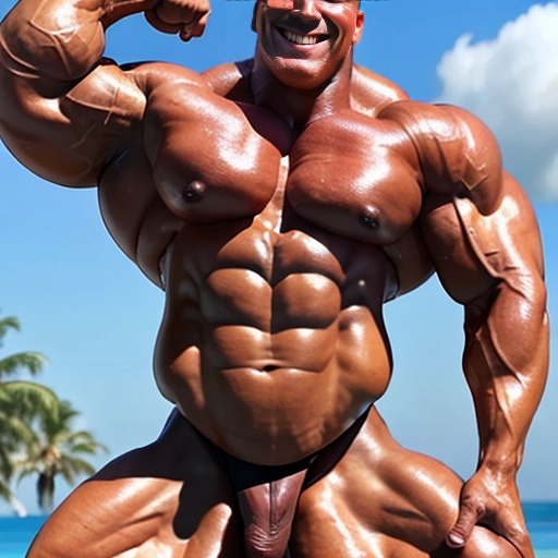I want a colossally sculpted and massive 500lb International Fitness and Bodybuilding Federation championship bodybuilder, mr olympia winner, sunbathed and oiled, glistening skin. he is nude and strokes his big long penis until he squirts