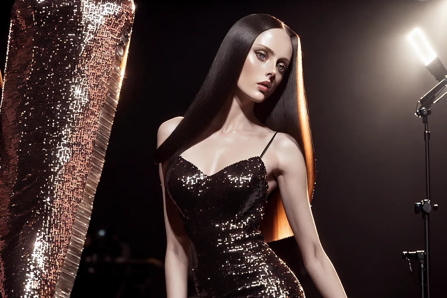 Realistic Photograph, (wide shot), (((deborah ann woll)))(((accurate face))),(((as a runway fashion model)))(((wearing a onyx sequin tube dress))), (((upskirt)), (((EXTREMELY slender petite body))), five slender fingers, ((((detailed female anatomical features)))),((long blunt Dutch Bob cut hairstyle)((very dark brunette))(straight hair)(sleek)) beautiful face, beautiful lips, detailed large eyes, curved eyebrows, cgsociety, cinematic lighting, studio lighting, professional, editorial,