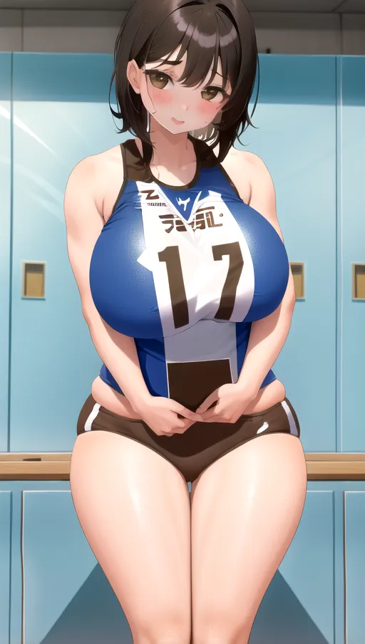 1girl, talking to her friends, gigantic breasts, saggy breasts, cute face, brown eyes, short black hair, happy, locker room, <lora:track_uniform:1>