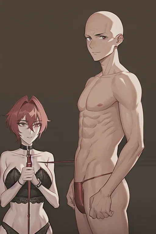 23 year old boy naked who is submissive with a leash on his neck , who is bald, skinny and has bleu eyes, infront of a 18 year old dominant girl with kninky whips who is wearing kinky red lingerie the young 18 year old girl is looking smoking hot and is whipping him