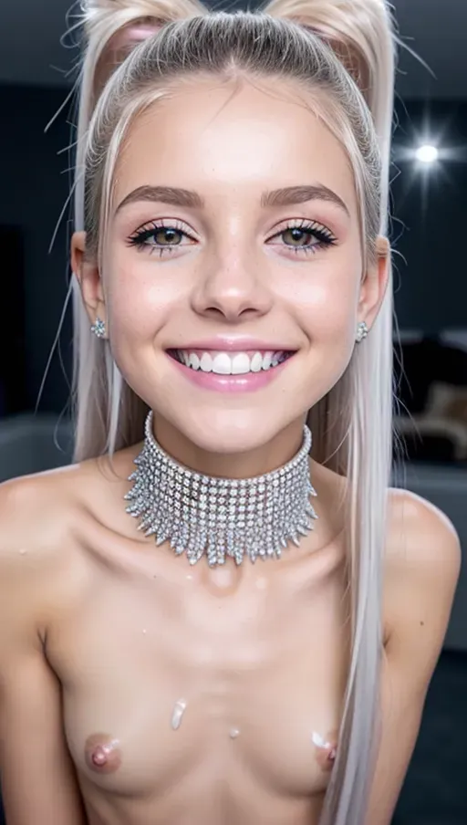 cute, pig tails, lots of ultrarealistic bukkake cum on face, (lots of bukkake cum on body), white stringy slime, straight hair, dyed hair, raver girl, nude, high detail, anorexic, Skinny, small tits, oiled, full nudity, high resolution, (8k), show entire body, (multiple girls), white slime spraying on girls, mouth open wide, (multiple girls touching), black choker necklace, (thigh gap), (arching back), (leaning slightly forward), show entire body, tiny waist, high resolution, view from front, heavy colored eye shadow, thick black eyeliner wings, showing multiple girls entire bodies head to legs, slightly zoomed in, full nudity, (ultrarealistic Sparkling diamonds inlayed all across perfect teeth) (smiling with shiny metal dental braces across all teeth), (ultrarealistic metal braces across teeth)