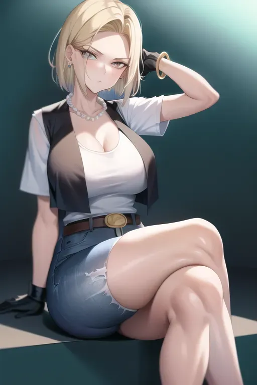 best quality, highres, and18, 1girl, android 18, solo, blonde hair, large brown eyes, belt, jeans, pearl_necklace, bracelet, black gloves, white shirt, short hair, short sleeves, earrings, blue pants, open vest, black vest, large breasts, <lora:dpmg_android_18:0.5>, (ruins:1.3), sitting, pouting, crossed legs, chubby, thick thighs