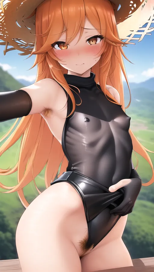 masterpiece, best quality, ((small breasts)), detailed background, woman on a mountain top, ((sexy black leotard)), orange hair down to her waist, detailed golden eyes, exhausted, blushing, pointy nipples, cute straw hat, ((pubic hair))