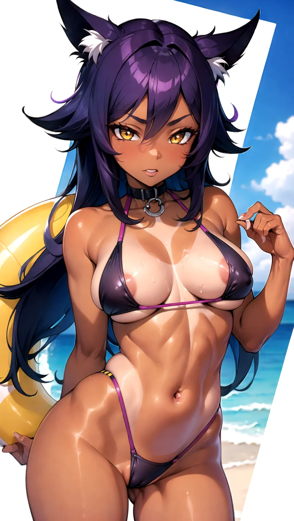 ((masterpiece)), yoruichi, swim suit, a tan woman, purple hair, yellow eyes, fit body, medium boobs, nsfw, best quality