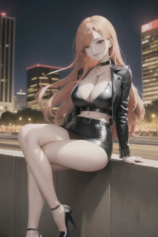full body, strawberry blonde hair, brown eyes, short girl, red miniskirt, black high heels, looking at viewer, long hair, pale skin, silver necklace, black crop top, 24 years old, giant breasts, cute face, pov, wavy hair, city environment, Oklahoma City, wide eyes, erotic, skirt tug, leather jacket, nighttime, black backpack, slim body, sitting on wall, smiling, cleavage, f-cup breasts