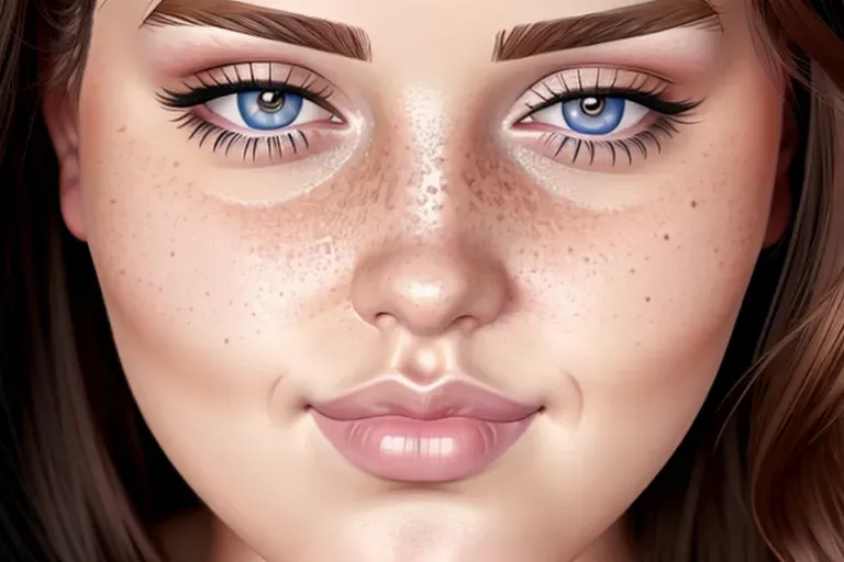Digital painting of, close up face, obese young woman, double chin, obese, fat, xxxl, freckles, auburn hair, blue eyes, curved eye brows, beautiful, chubby cheeks, plump lips, Deep cleavage, seductive