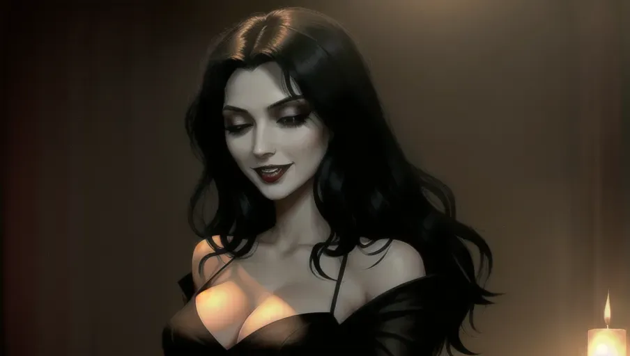 two figures in a dark and foggy goth club, an evil sexy sensual slightly taller dominant female black straight haired vampire woman with a wide toothy predatory smile, taking face of her victim in her hands gazing dominantly into her eyes hypnotizing innocent, light reddish-auburn gentle wavy hair, good girl mid-twenties Anna of Arendelle, relaxed, lips parted, eyes half closed in a modest soft green gown.
