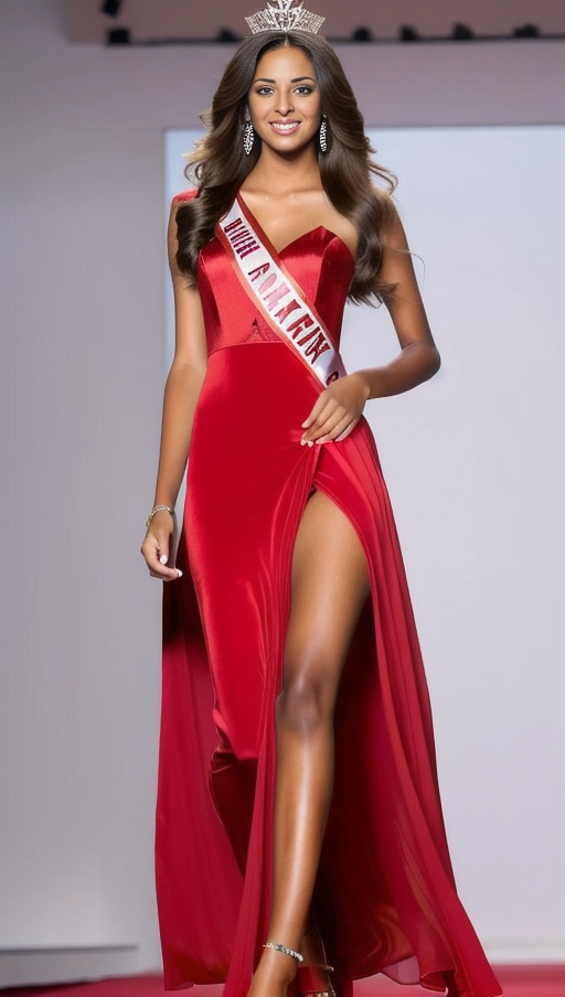 a beautiful young tall (teenage) supermodel with long hair ((largest hugest brown eyes:1.2)),
realistic, masterpiece, wearing a red dress in a ((beauty pageant catwalk)), full body portrait