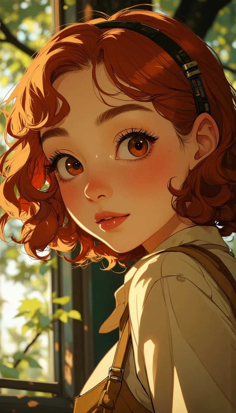 Anime style.
a kawaii redhead girl with freckles looking at the camera. cute face, She has big red almond eyes and is looking at the camera. in the background there is a tree.