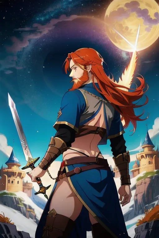 A male ginger wizard with a sword, the wizard is old and have a long beard. magic powers, flying in air. sexy girls in the background. cute girls in the back with perfect butts